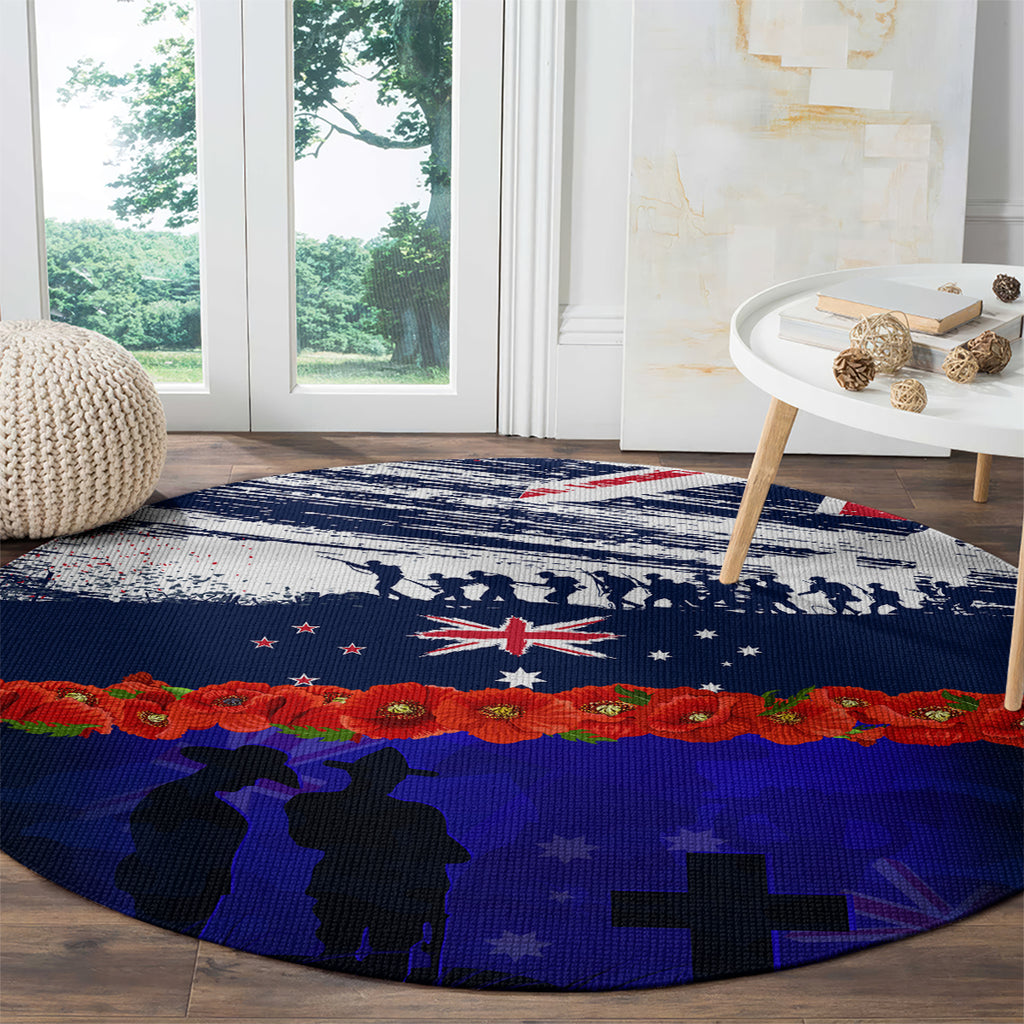 New Zealand and Australia ANZAC Day Round Carpet Lest We Forget Red Poppy Flowers and Soldier
