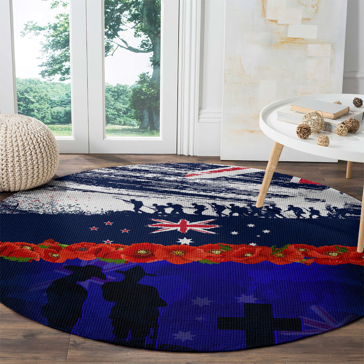 New Zealand and Australia ANZAC Day Round Carpet Lest We Forget Red Poppy Flowers and Soldier