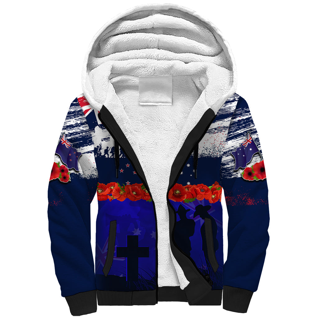 New Zealand and Australia ANZAC Day Sherpa Hoodie Lest We Forget Red Poppy Flowers and Soldier
