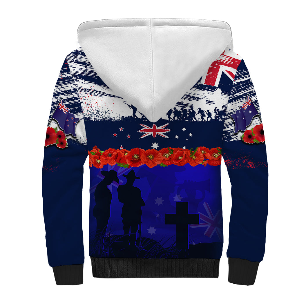 New Zealand and Australia ANZAC Day Sherpa Hoodie Lest We Forget Red Poppy Flowers and Soldier