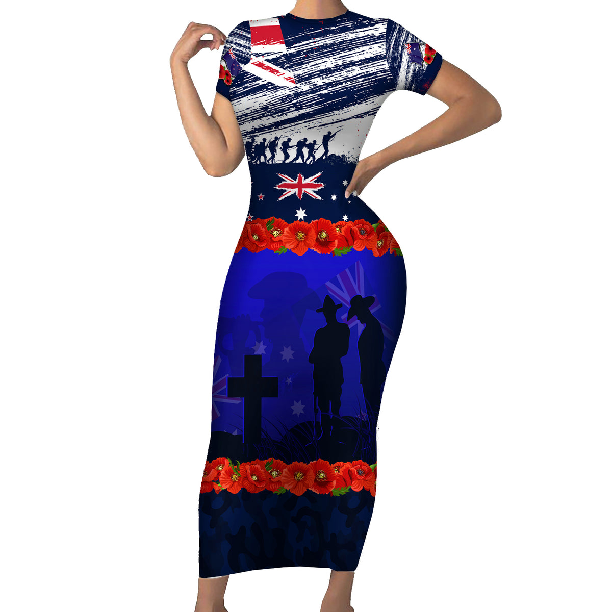 New Zealand and Australia ANZAC Day Short Sleeve Bodycon Dress Lest We Forget Red Poppy Flowers and Soldier