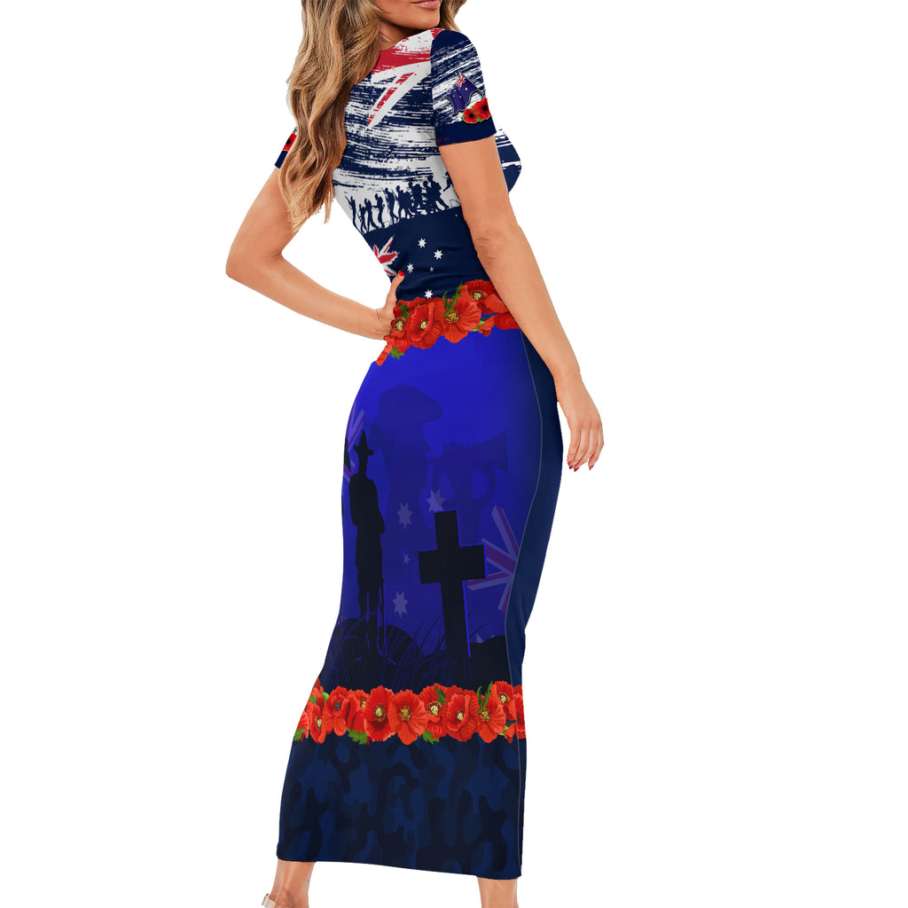 New Zealand and Australia ANZAC Day Short Sleeve Bodycon Dress Lest We Forget Red Poppy Flowers and Soldier