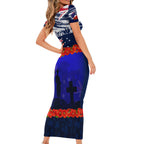New Zealand and Australia ANZAC Day Short Sleeve Bodycon Dress Lest We Forget Red Poppy Flowers and Soldier