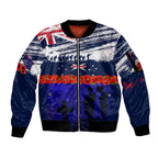 New Zealand and Australia ANZAC Day Sleeve Zip Bomber Jacket Lest We Forget Red Poppy Flowers and Soldier