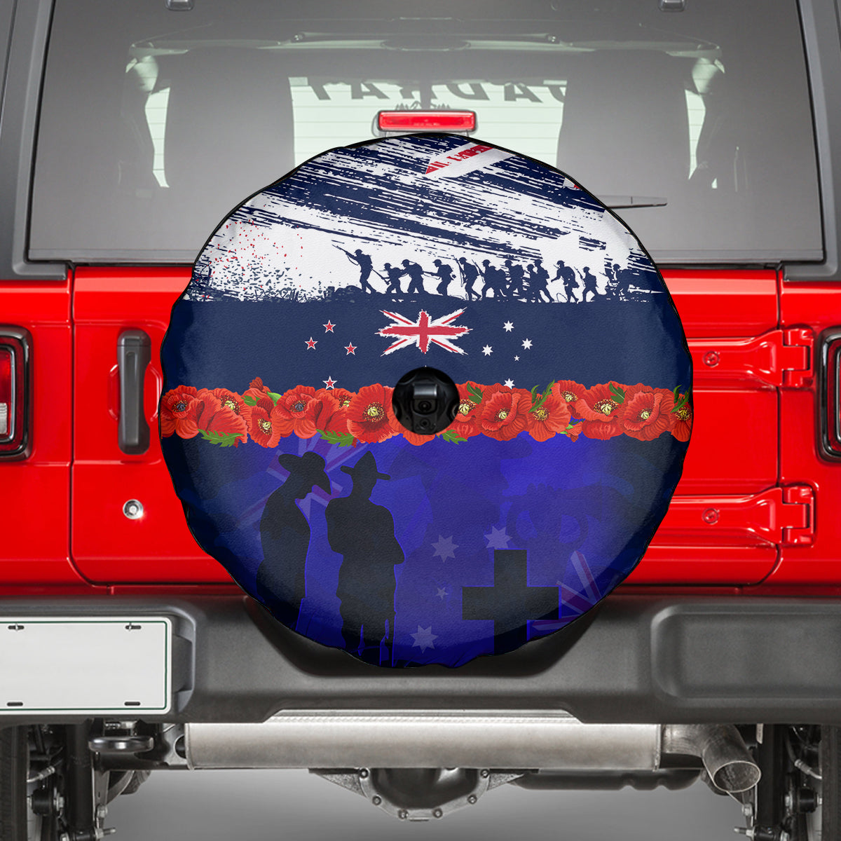 New Zealand and Australia ANZAC Day Spare Tire Cover Lest We Forget Red Poppy Flowers and Soldier