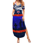 New Zealand and Australia ANZAC Day Summer Maxi Dress Lest We Forget Red Poppy Flowers and Soldier