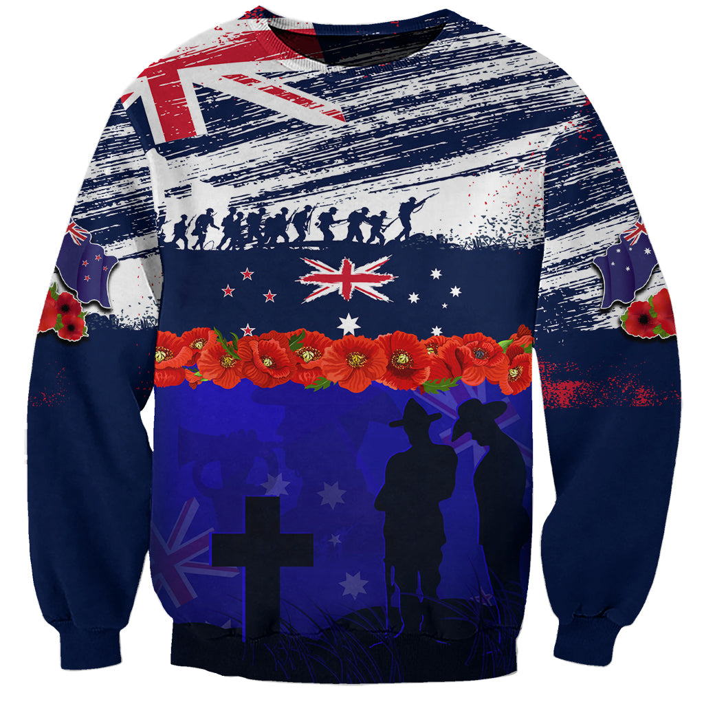 New Zealand and Australia ANZAC Day Sweatshirt Lest We Forget Red Poppy Flowers and Soldier