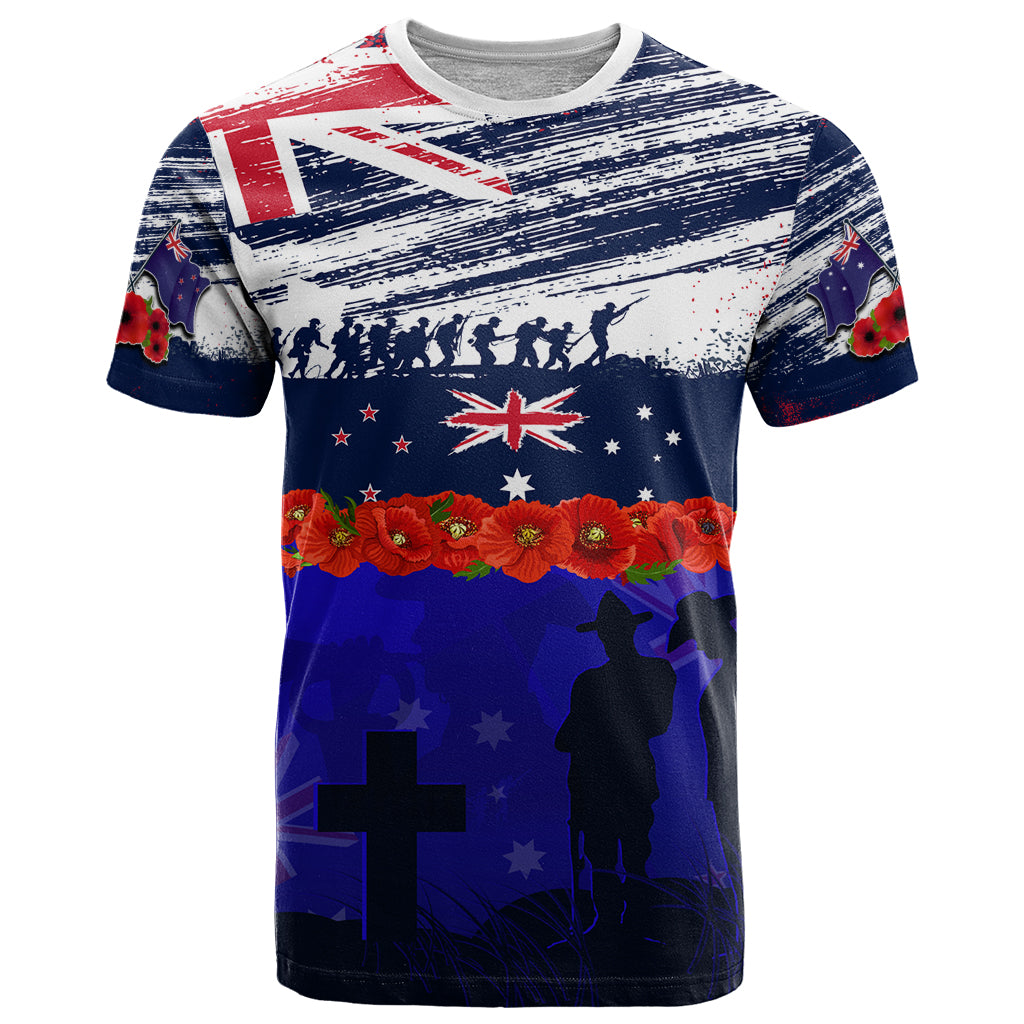 New Zealand and Australia ANZAC Day T Shirt Lest We Forget Red Poppy Flowers and Soldier