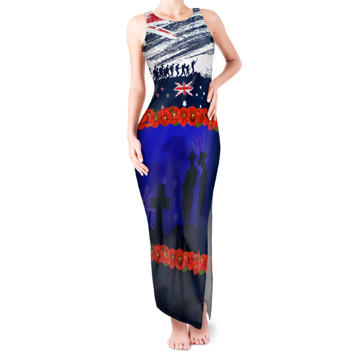 New Zealand and Australia ANZAC Day Tank Maxi Dress Lest We Forget Red Poppy Flowers and Soldier