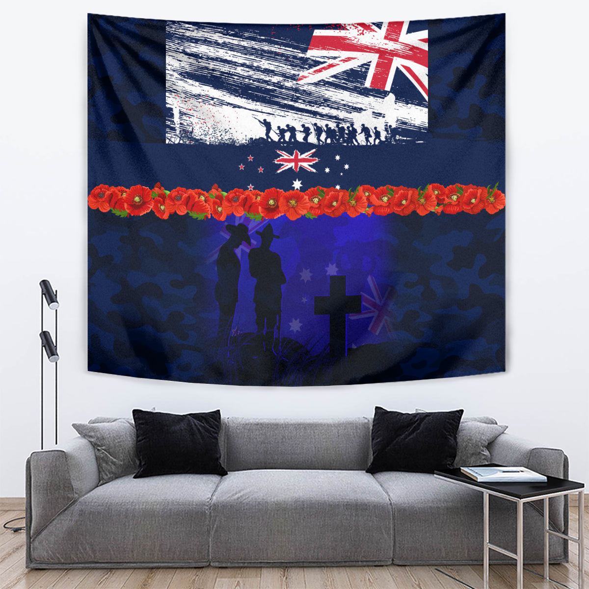 New Zealand and Australia ANZAC Day Tapestry Lest We Forget Red Poppy Flowers and Soldier