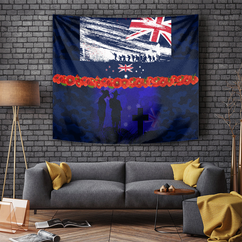 New Zealand and Australia ANZAC Day Tapestry Lest We Forget Red Poppy Flowers and Soldier