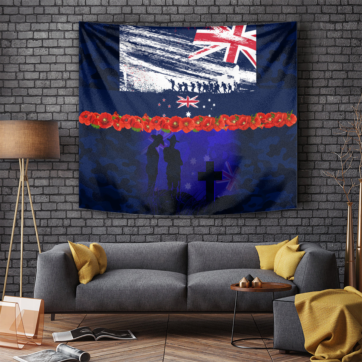 New Zealand and Australia ANZAC Day Tapestry Lest We Forget Red Poppy Flowers and Soldier