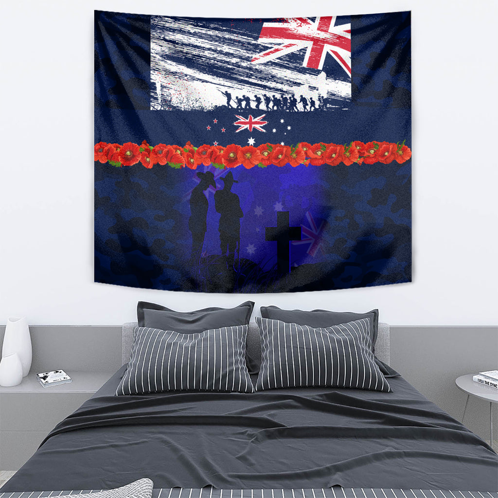 New Zealand and Australia ANZAC Day Tapestry Lest We Forget Red Poppy Flowers and Soldier