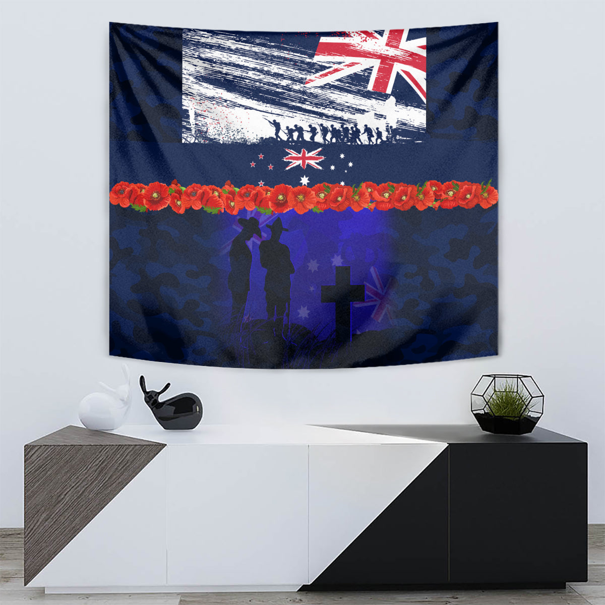 New Zealand and Australia ANZAC Day Tapestry Lest We Forget Red Poppy Flowers and Soldier