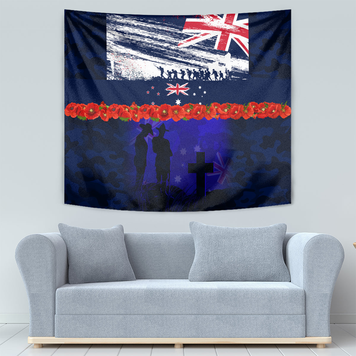 New Zealand and Australia ANZAC Day Tapestry Lest We Forget Red Poppy Flowers and Soldier