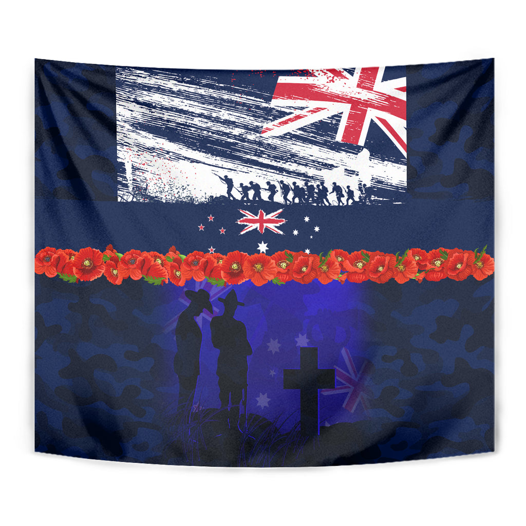 New Zealand and Australia ANZAC Day Tapestry Lest We Forget Red Poppy Flowers and Soldier