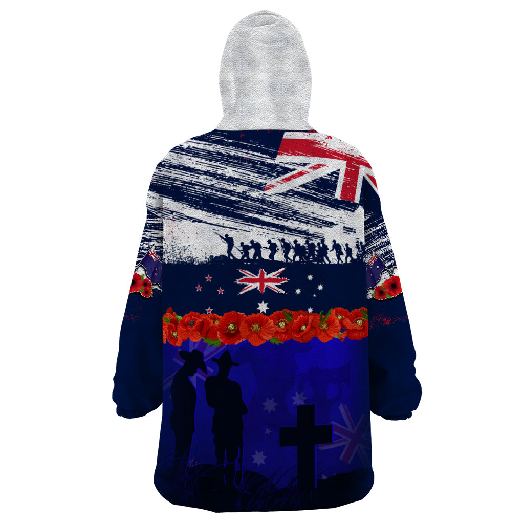 New Zealand and Australia ANZAC Day Wearable Blanket Hoodie Lest We Forget Red Poppy Flowers and Soldier