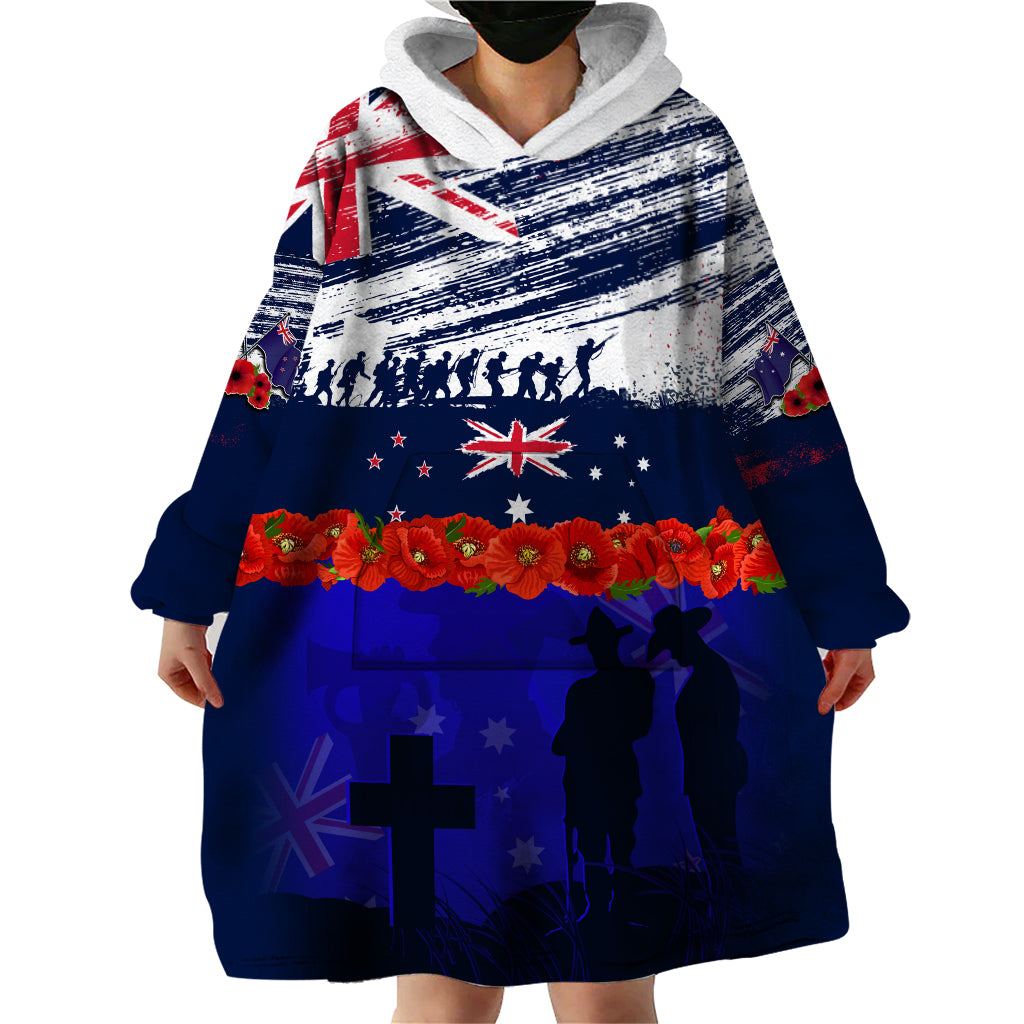 New Zealand and Australia ANZAC Day Wearable Blanket Hoodie Lest We Forget Red Poppy Flowers and Soldier