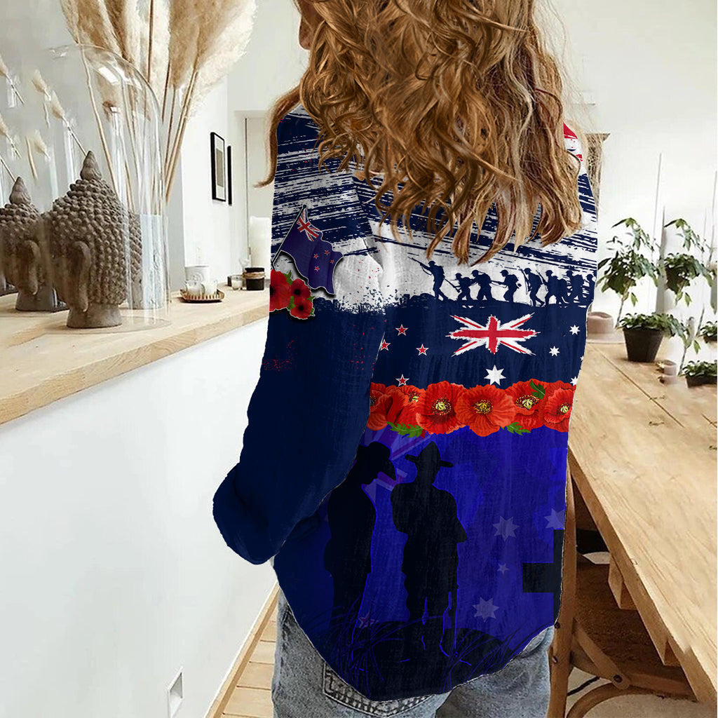 New Zealand and Australia ANZAC Day Women Casual Shirt Lest We Forget Red Poppy Flowers and Soldier