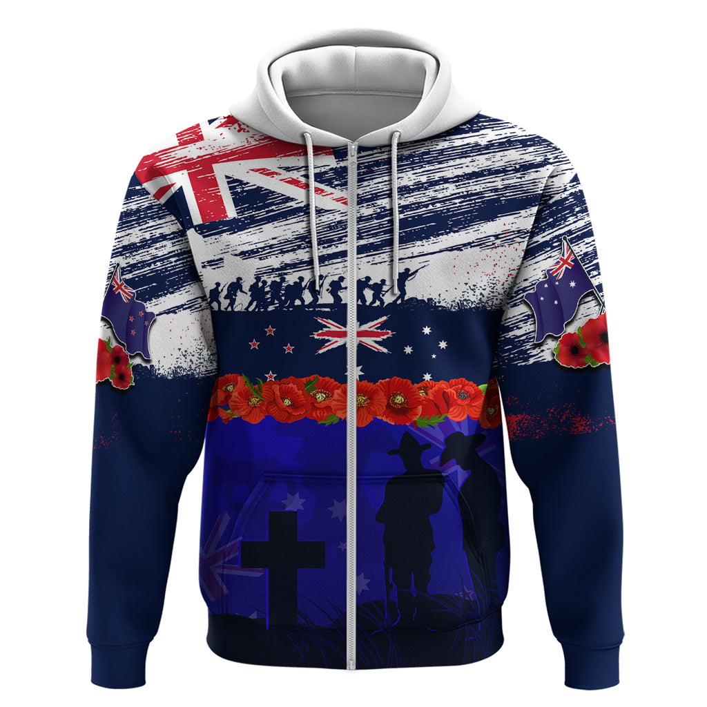 New Zealand and Australia ANZAC Day Zip Hoodie Lest We Forget Red Poppy Flowers and Soldier