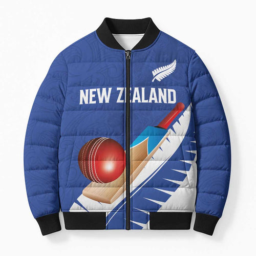 Custom New Zealand Cricket Bomber Puffer Jacket Kiwi Birds Haka Dance Blue Fern Sporty Style
