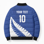 Custom New Zealand Cricket Bomber Puffer Jacket Kiwi Birds Haka Dance Blue Fern Sporty Style