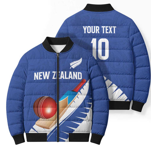 Custom New Zealand Cricket Bomber Puffer Jacket Kiwi Birds Haka Dance Blue Fern Sporty Style