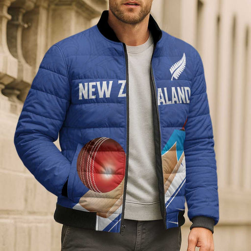 Custom New Zealand Cricket Bomber Puffer Jacket Kiwi Birds Haka Dance Blue Fern Sporty Style