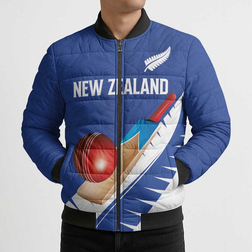 Custom New Zealand Cricket Bomber Puffer Jacket Kiwi Birds Haka Dance Blue Fern Sporty Style