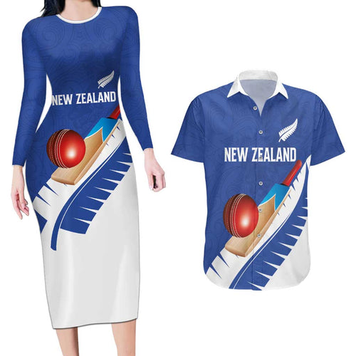 Custom New Zealand Cricket Couples Matching Long Sleeve Bodycon Dress and Hawaiian Shirt Kiwi Birds Haka Dance Blue Fern Sporty Style