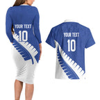 Custom New Zealand Cricket Couples Matching Long Sleeve Bodycon Dress and Hawaiian Shirt Kiwi Birds Haka Dance Blue Fern Sporty Style