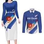 Custom New Zealand Cricket Couples Matching Long Sleeve Bodycon Dress and Long Sleeve Button Shirt Kiwi Birds Haka Dance Blue Fern Sporty Style