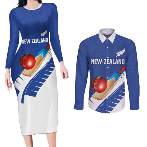Custom New Zealand Cricket Couples Matching Long Sleeve Bodycon Dress and Long Sleeve Button Shirt Kiwi Birds Haka Dance Blue Fern Sporty Style
