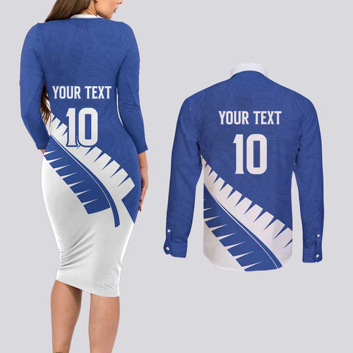 Custom New Zealand Cricket Couples Matching Long Sleeve Bodycon Dress and Long Sleeve Button Shirt Kiwi Birds Haka Dance Blue Fern Sporty Style