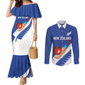 Custom New Zealand Cricket Couples Matching Mermaid Dress and Long Sleeve Button Shirt Kiwi Birds Haka Dance Blue Fern Sporty Style