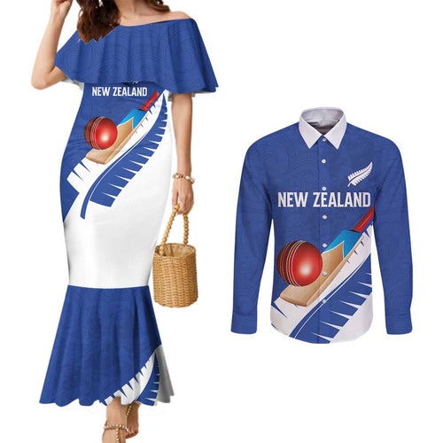 Custom New Zealand Cricket Couples Matching Mermaid Dress and Long Sleeve Button Shirt Kiwi Birds Haka Dance Blue Fern Sporty Style