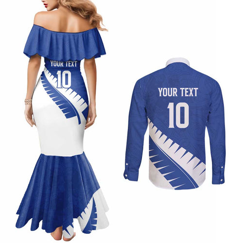 Custom New Zealand Cricket Couples Matching Mermaid Dress and Long Sleeve Button Shirt Kiwi Birds Haka Dance Blue Fern Sporty Style