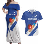 Custom New Zealand Cricket Couples Matching Off Shoulder Maxi Dress and Hawaiian Shirt Kiwi Birds Haka Dance Blue Fern Sporty Style