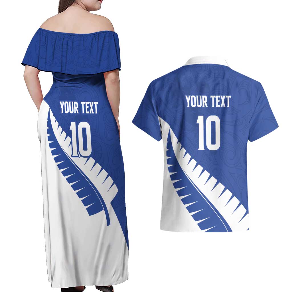 Custom New Zealand Cricket Couples Matching Off Shoulder Maxi Dress and Hawaiian Shirt Kiwi Birds Haka Dance Blue Fern Sporty Style