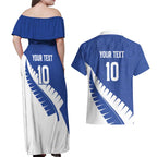Custom New Zealand Cricket Couples Matching Off Shoulder Maxi Dress and Hawaiian Shirt Kiwi Birds Haka Dance Blue Fern Sporty Style