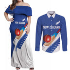 Custom New Zealand Cricket Couples Matching Off Shoulder Maxi Dress and Long Sleeve Button Shirt Kiwi Birds Haka Dance Blue Fern Sporty Style