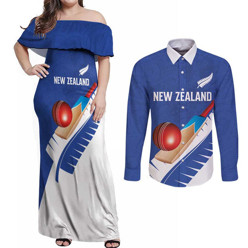 Custom New Zealand Cricket Couples Matching Off Shoulder Maxi Dress and Long Sleeve Button Shirt Kiwi Birds Haka Dance Blue Fern Sporty Style