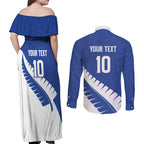 Custom New Zealand Cricket Couples Matching Off Shoulder Maxi Dress and Long Sleeve Button Shirt Kiwi Birds Haka Dance Blue Fern Sporty Style
