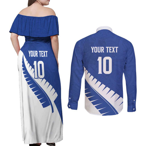 Custom New Zealand Cricket Couples Matching Off Shoulder Maxi Dress and Long Sleeve Button Shirt Kiwi Birds Haka Dance Blue Fern Sporty Style