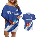 Custom New Zealand Cricket Couples Matching Off Shoulder Short Dress and Hawaiian Shirt Kiwi Birds Haka Dance Blue Fern Sporty Style