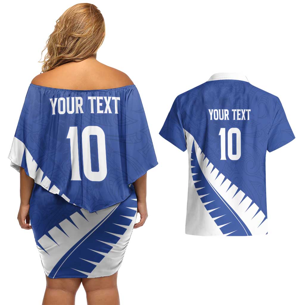 Custom New Zealand Cricket Couples Matching Off Shoulder Short Dress and Hawaiian Shirt Kiwi Birds Haka Dance Blue Fern Sporty Style