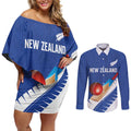 Custom New Zealand Cricket Couples Matching Off Shoulder Short Dress and Long Sleeve Button Shirt Kiwi Birds Haka Dance Blue Fern Sporty Style