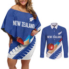 Custom New Zealand Cricket Couples Matching Off Shoulder Short Dress and Long Sleeve Button Shirt Kiwi Birds Haka Dance Blue Fern Sporty Style