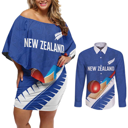 Custom New Zealand Cricket Couples Matching Off Shoulder Short Dress and Long Sleeve Button Shirt Kiwi Birds Haka Dance Blue Fern Sporty Style