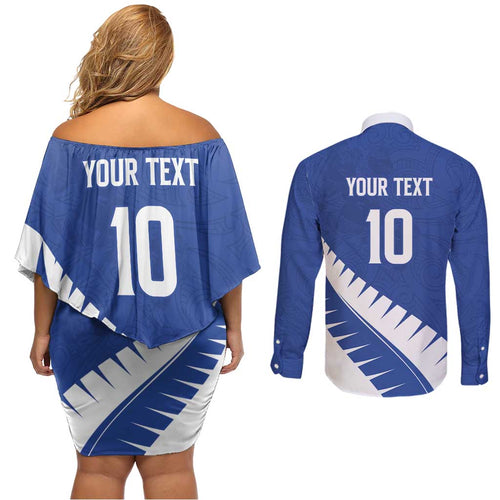 Custom New Zealand Cricket Couples Matching Off Shoulder Short Dress and Long Sleeve Button Shirt Kiwi Birds Haka Dance Blue Fern Sporty Style